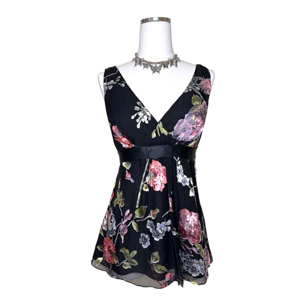 Y2K Adrianna Pappell Black Silk Blend Beaded Floral Babydoll Top Size 10